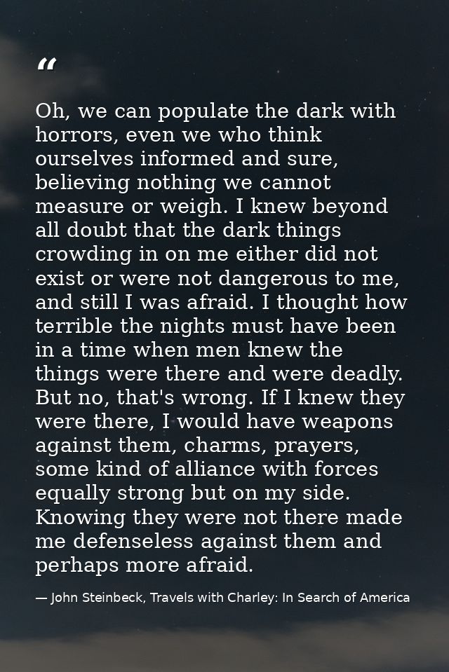 Oh, we can populate the dark with horrors, even we who think ourselves informed and sure, believing nothing we cannot me — John Steinbeck, Travels with Charley: In Search of America