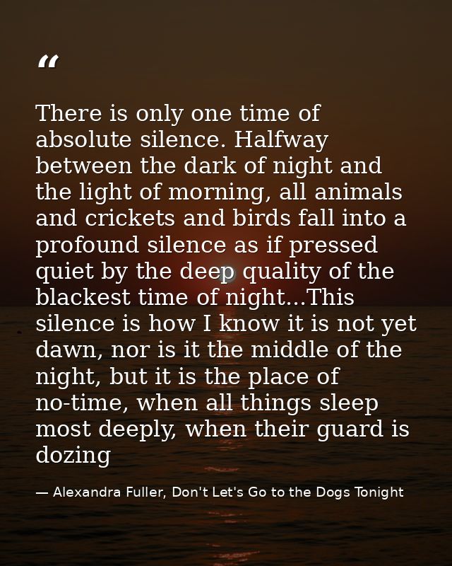 There is only one time of absolute silence. Halfway between the dark of night and the light of morning, all animals and  — Alexandra Fuller, Don't Let's Go to the Dogs Tonight