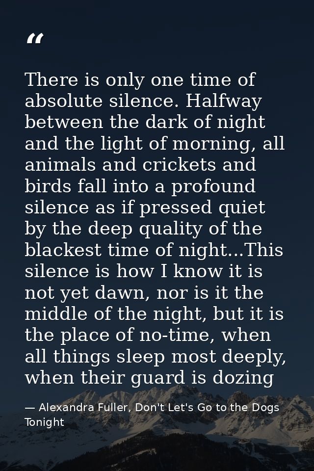 There is only one time of absolute silence. Halfway between the dark of night and the light of morning, all animals and  — Alexandra Fuller, Don't Let's Go to the Dogs Tonight