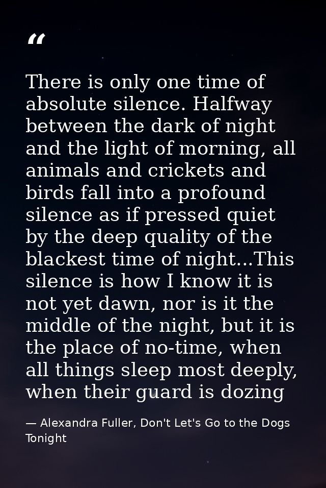 There is only one time of absolute silence. Halfway between the dark of night and the light of morning, all animals and  — Alexandra Fuller, Don't Let's Go to the Dogs Tonight