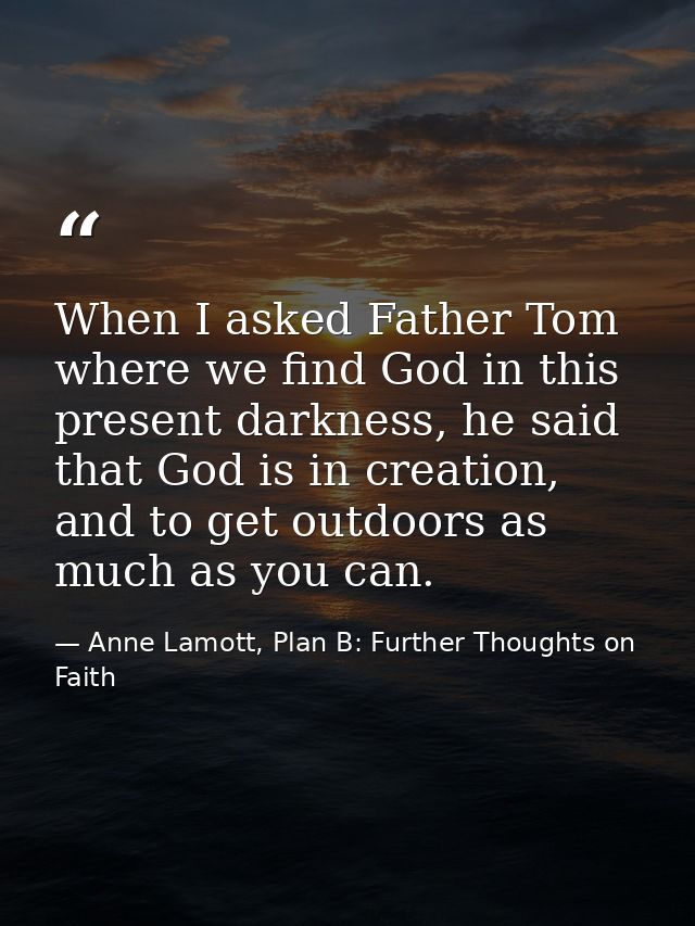 When I asked Father Tom where we find God in this present darkness, he said that God is in creation, and to get outdoors — Anne Lamott, Plan B: Further Thoughts on Faith
