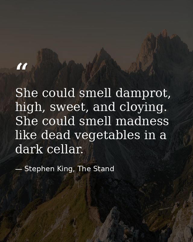 She could smell damprot, high, sweet, and cloying. She could smell madness like dead vegetables in a dark cellar. — Stephen King, The Stand