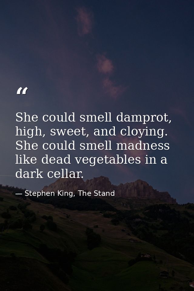 She could smell damprot, high, sweet, and cloying. She could smell madness like dead vegetables in a dark cellar. — Stephen King, The Stand
