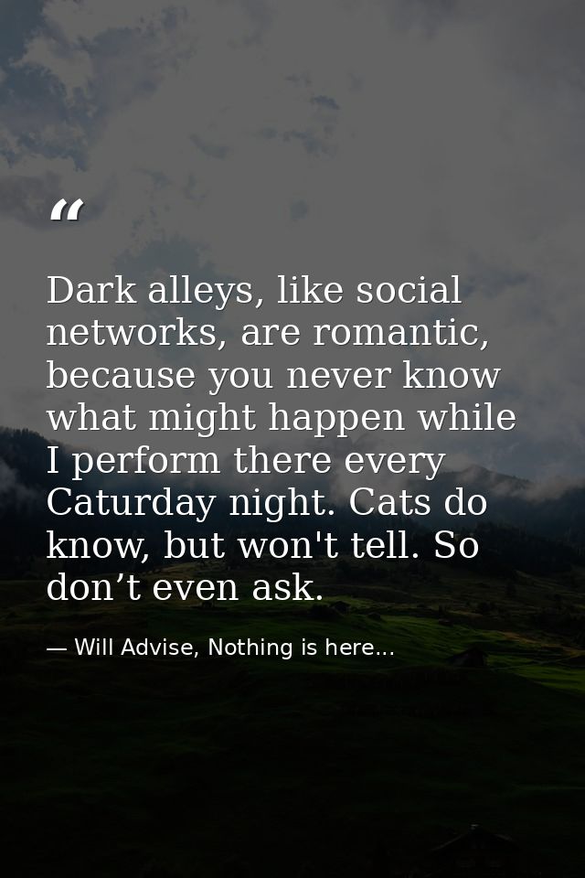 Dark alleys, like social networks, are romantic, because you never know what might happen while I perform there every Ca — Will Advise, Nothing is here...