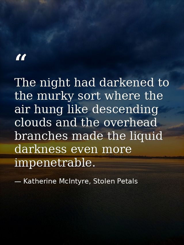 The night had darkened to the murky sort where the air hung like descending clouds and the overhead branches made the li — Katherine McIntyre, Stolen Petals