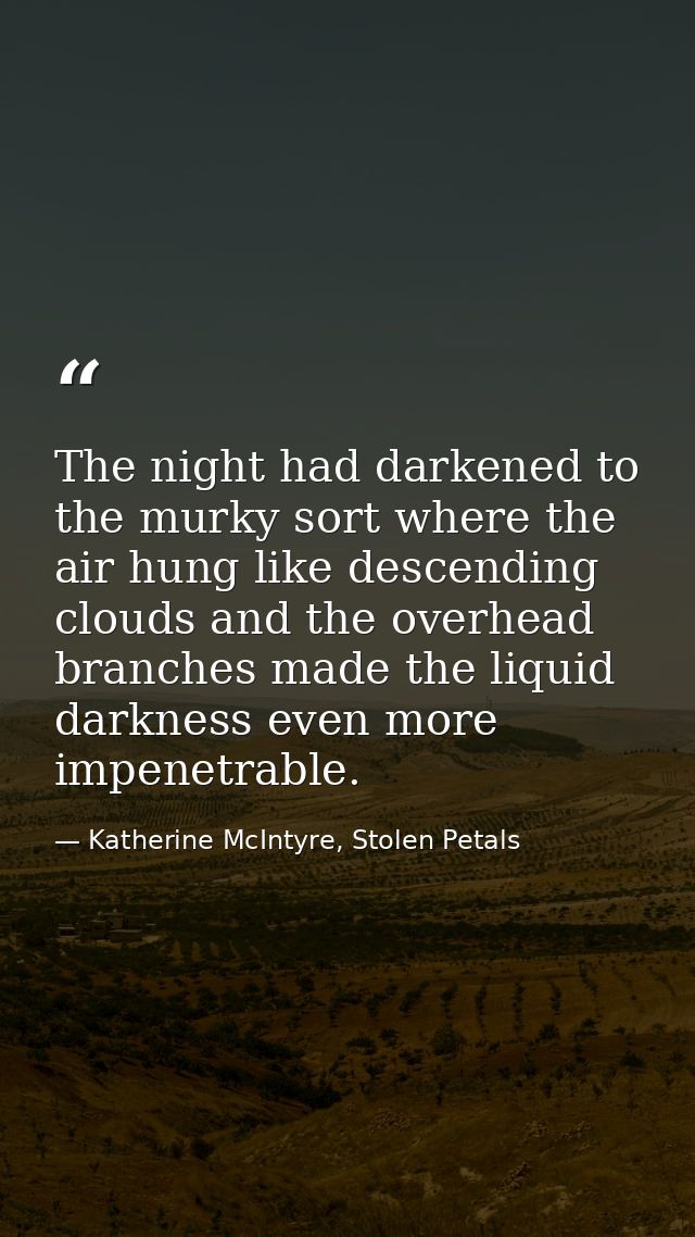 The night had darkened to the murky sort where the air hung like descending clouds and the overhead branches made the li — Katherine McIntyre, Stolen Petals