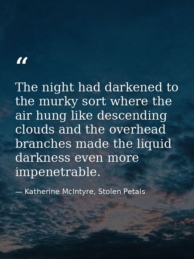 The night had darkened to the murky sort where the air hung like descending clouds and the overhead branches made the li — Katherine McIntyre, Stolen Petals