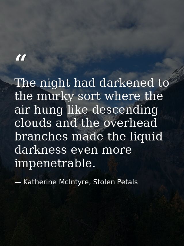 The night had darkened to the murky sort where the air hung like descending clouds and the overhead branches made the li — Katherine McIntyre, Stolen Petals