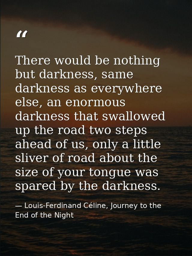 There would be nothing but darkness, same darkness as everywhere else, an enormous darkness that swallowed up the road t — Louis-Ferdinand Céline, Journey to the End of the Night