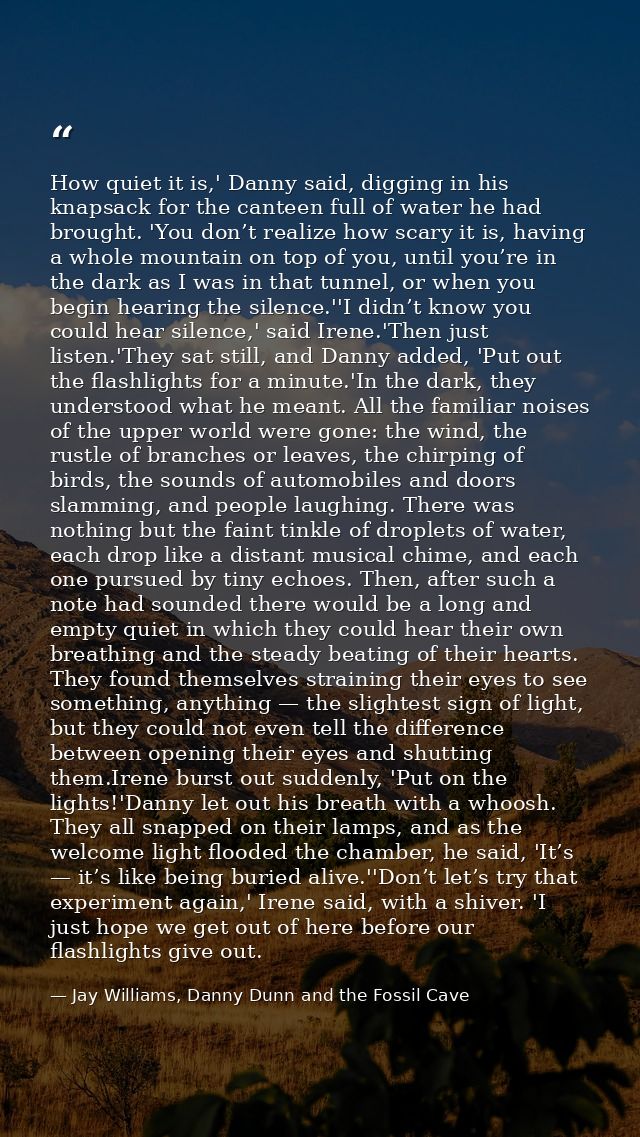 How quiet it is,' Danny said, digging in his knapsack for the canteen full of water he had brought. 'You don’t realize h — Jay Williams, Danny Dunn and the Fossil Cave