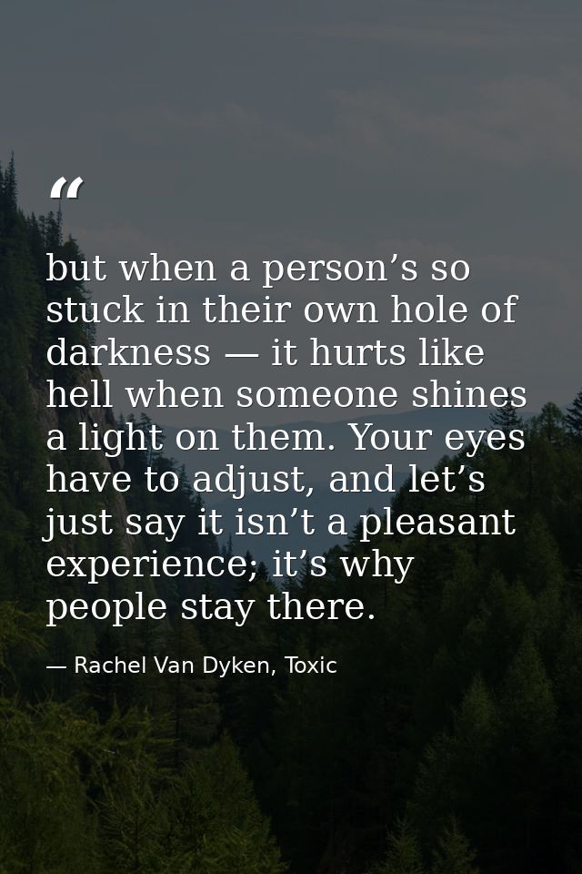 but when a person’s so stuck in their own hole of darkness — it hurts like hell when someone shines a light on them. You — Rachel Van Dyken, Toxic