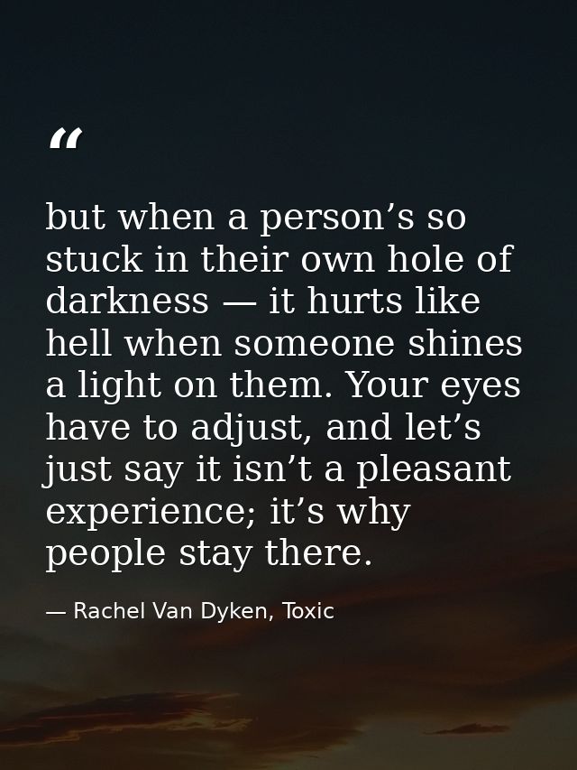 but when a person’s so stuck in their own hole of darkness — it hurts like hell when someone shines a light on them. You — Rachel Van Dyken, Toxic