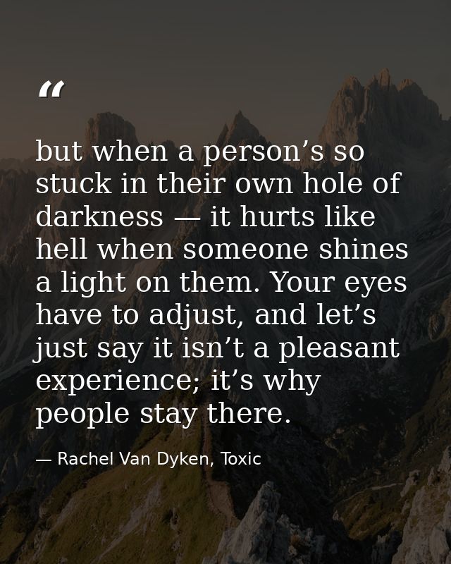but when a person’s so stuck in their own hole of darkness — it hurts like hell when someone shines a light on them. You — Rachel Van Dyken, Toxic
