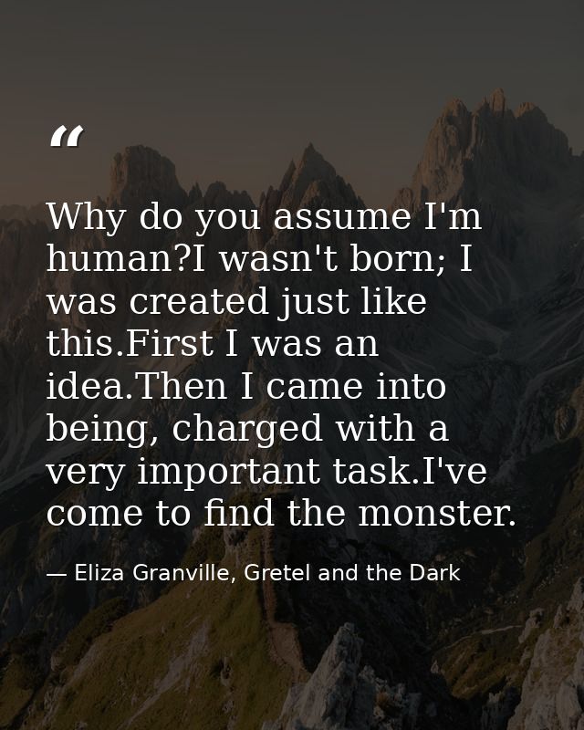Why do you assume I'm human?I wasn't born; I was created just like this.First I was an idea.Then I came into being, char — Eliza Granville, Gretel and the Dark