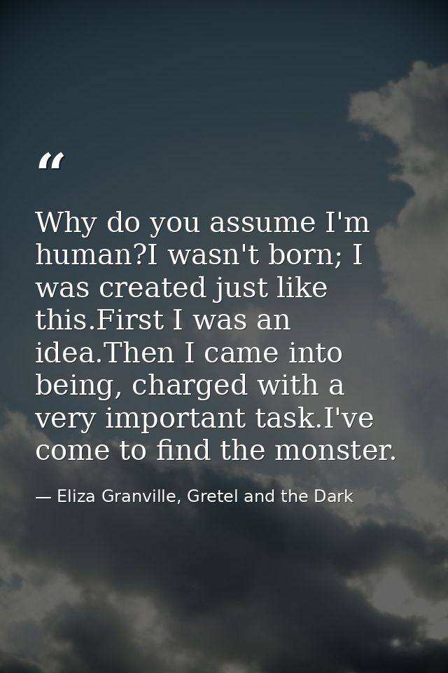 Why do you assume I'm human?I wasn't born; I was created just like this.First I was an idea.Then I came into being, char — Eliza Granville, Gretel and the Dark