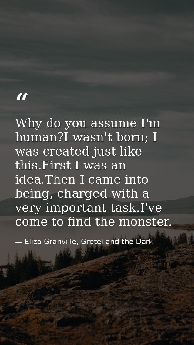 Why do you assume I'm human?I wasn't born; I was created just like this.First I was an idea.Then I came into being, char — Eliza Granville, Gretel and the Dark