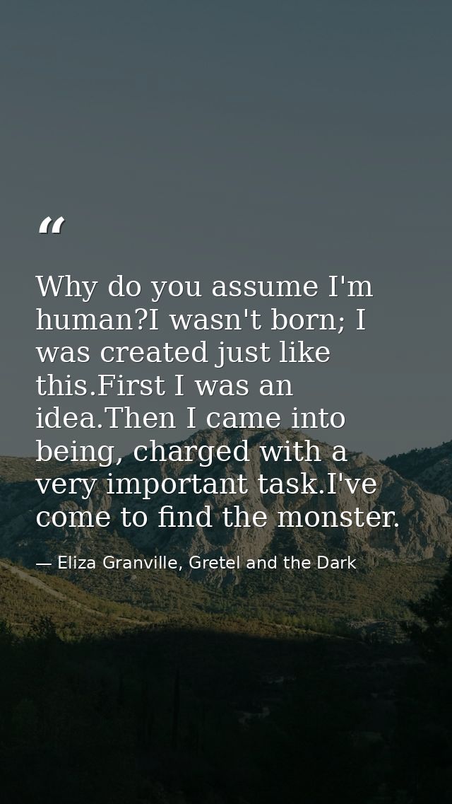 Why do you assume I'm human?I wasn't born; I was created just like this.First I was an idea.Then I came into being, char — Eliza Granville, Gretel and the Dark