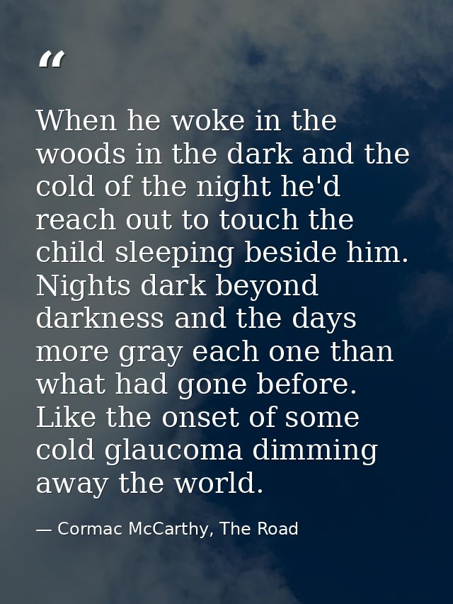 When he woke in the woods in the dark and the cold of the night he'd reach out to touch the child sleeping beside him. N — Cormac McCarthy, The Road