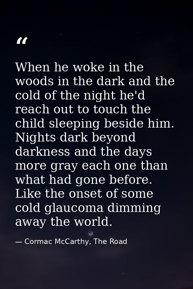 When he woke in the woods in the dark and the cold of the night he'd reach out to touch the child sleeping beside him. N — Cormac McCarthy, The Road