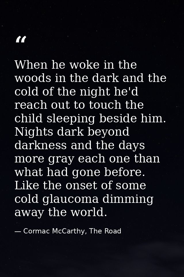 When he woke in the woods in the dark and the cold of the night he'd reach out to touch the child sleeping beside him. N — Cormac McCarthy, The Road