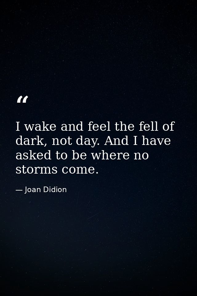 I wake and feel the fell of dark, not day. And I have asked to be where no storms come. — Joan Didion