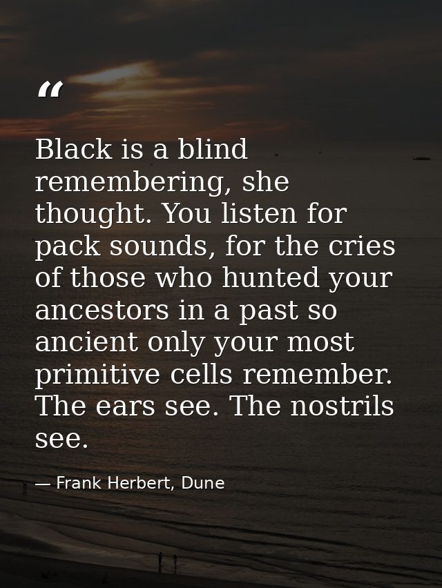 Black is a blind remembering, she thought. You listen for pack sounds, for the cries of those who hunted your ancestors  — Frank Herbert, Dune