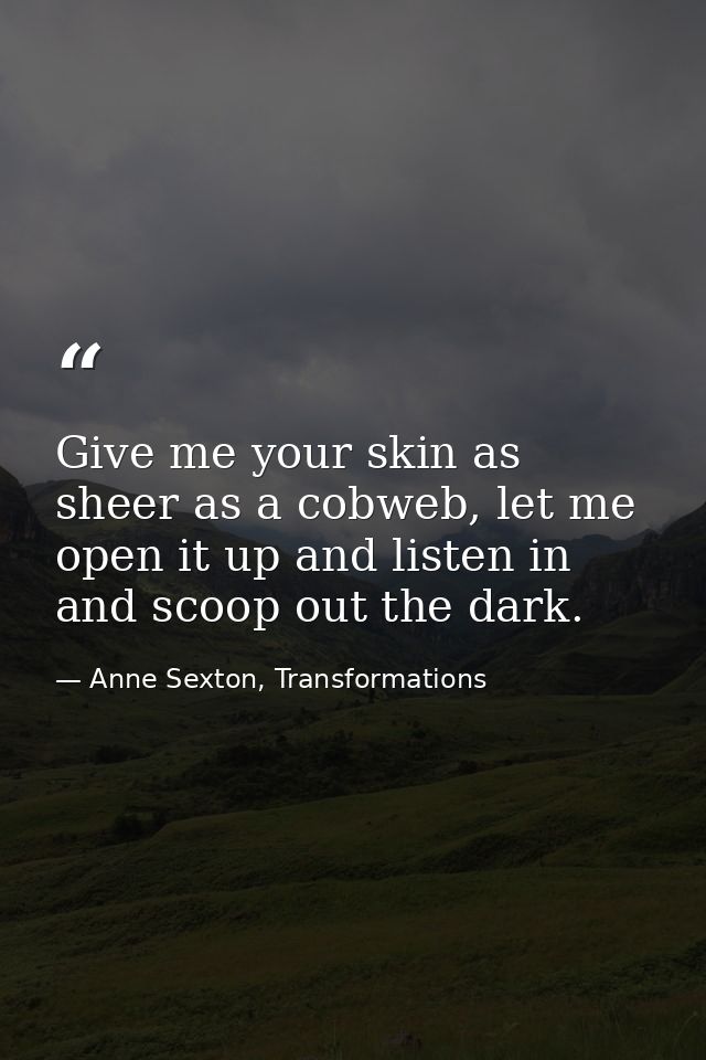 Give me your skin as sheer as a cobweb, let me open it up and listen in and scoop out the dark. — Anne Sexton, Transformations