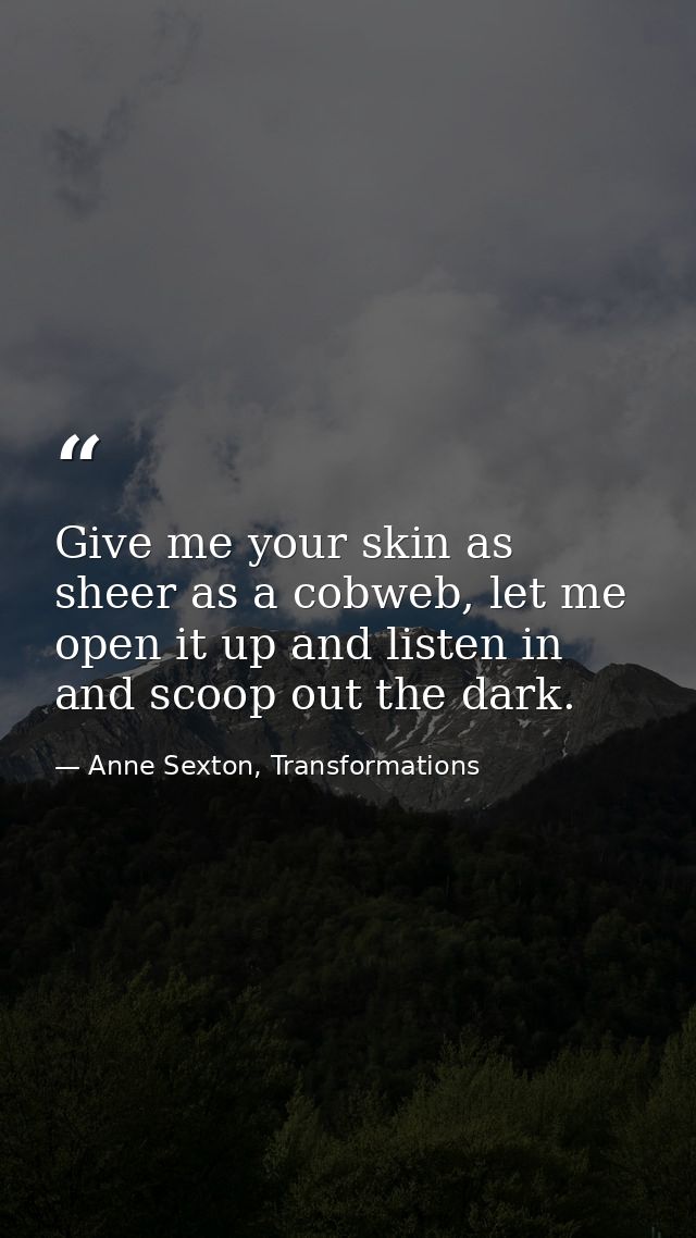 Give me your skin as sheer as a cobweb, let me open it up and listen in and scoop out the dark. — Anne Sexton, Transformations
