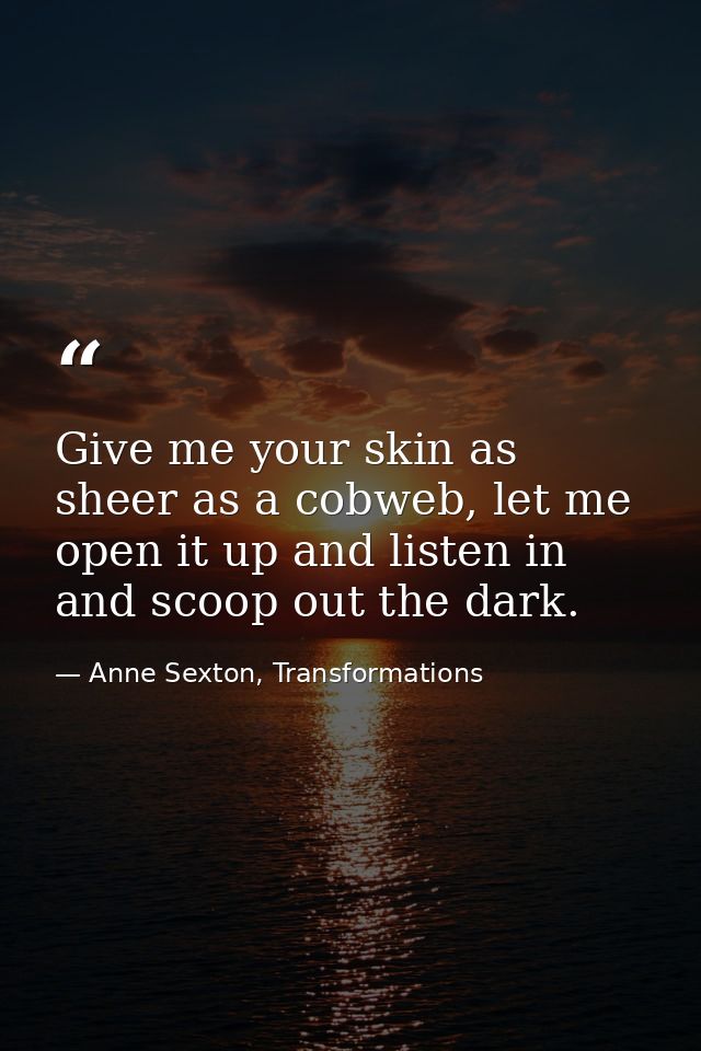 Give me your skin as sheer as a cobweb, let me open it up and listen in and scoop out the dark. — Anne Sexton, Transformations
