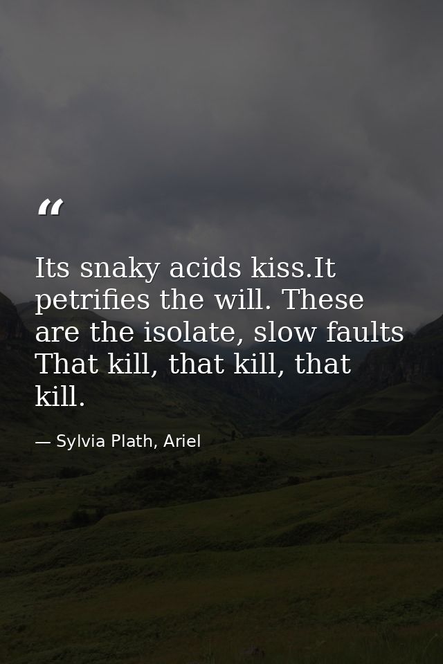 Its snaky acids kiss.It petrifies the will. These are the isolate, slow faults That kill, that kill, that kill. — Sylvia Plath, Ariel