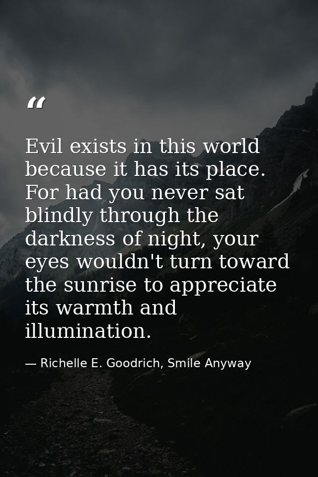 Evil exists in this world because it has its place. For had you never sat blindly through the darkness of night, your ey — Richelle E. Goodrich, Smile Anyway