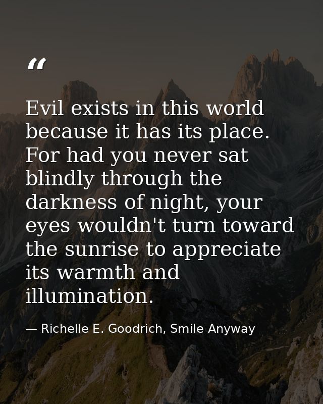 Evil exists in this world because it has its place. For had you never sat blindly through the darkness of night, your ey — Richelle E. Goodrich, Smile Anyway