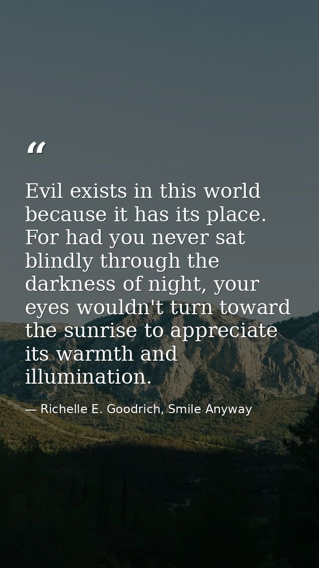 Evil exists in this world because it has its place. For had you never sat blindly through the darkness of night, your ey — Richelle E. Goodrich, Smile Anyway