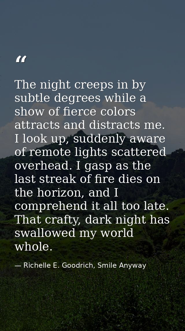 The night creeps in by subtle degrees while a show of fierce colors attracts and distracts me. I look up, suddenly aware — Richelle E. Goodrich, Smile Anyway