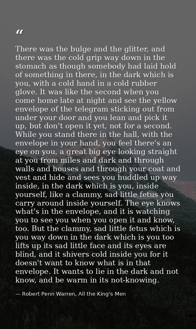There was the bulge and the glitter, and there was the cold grip way down in the stomach as though somebody had laid hol — Robert Penn Warren, All the King's Men