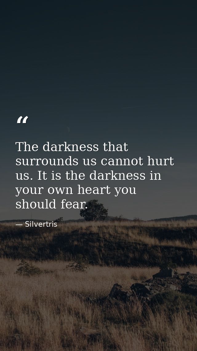 The darkness that surrounds us cannot hurt us. It is the darkness in your own heart you should fear. — Silvertris