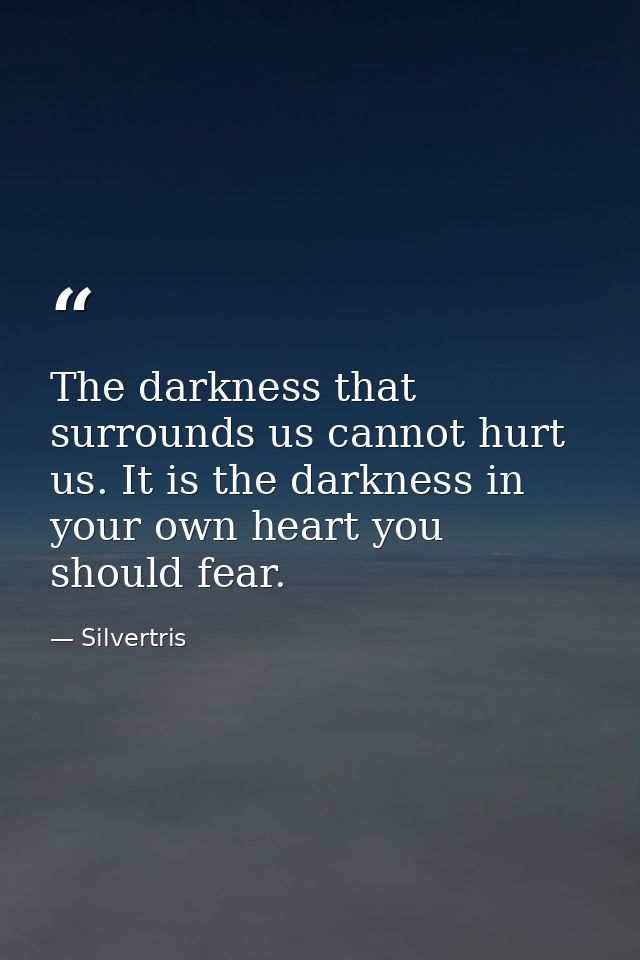 The darkness that surrounds us cannot hurt us. It is the darkness in your own heart you should fear. — Silvertris