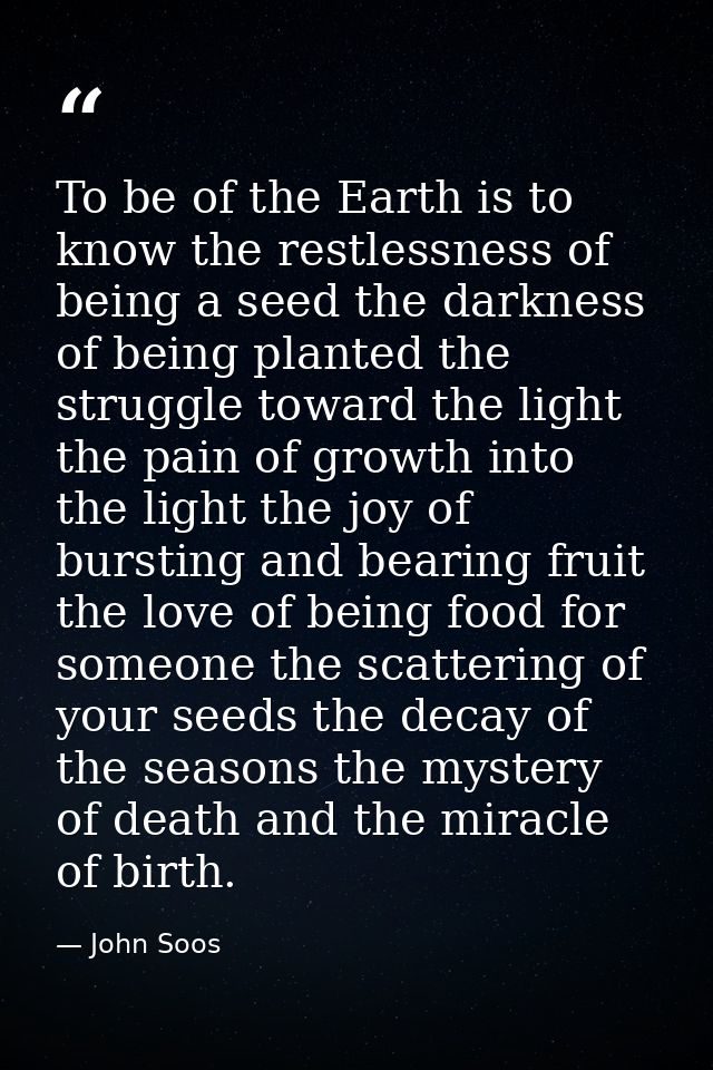 To be of the Earth is to know the restlessness of being a seed the darkness of being planted the struggle toward the lig — John Soos