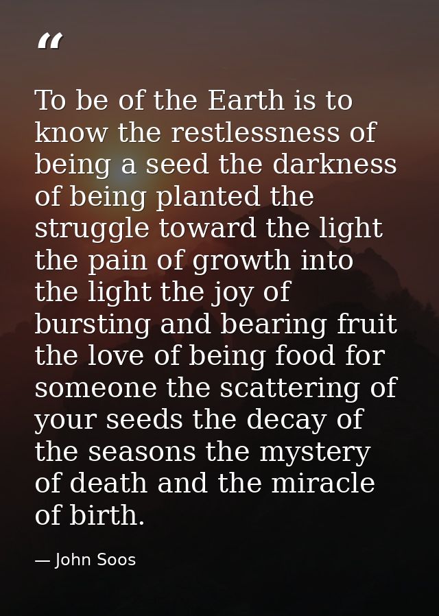 To be of the Earth is to know the restlessness of being a seed the darkness of being planted the struggle toward the lig — John Soos