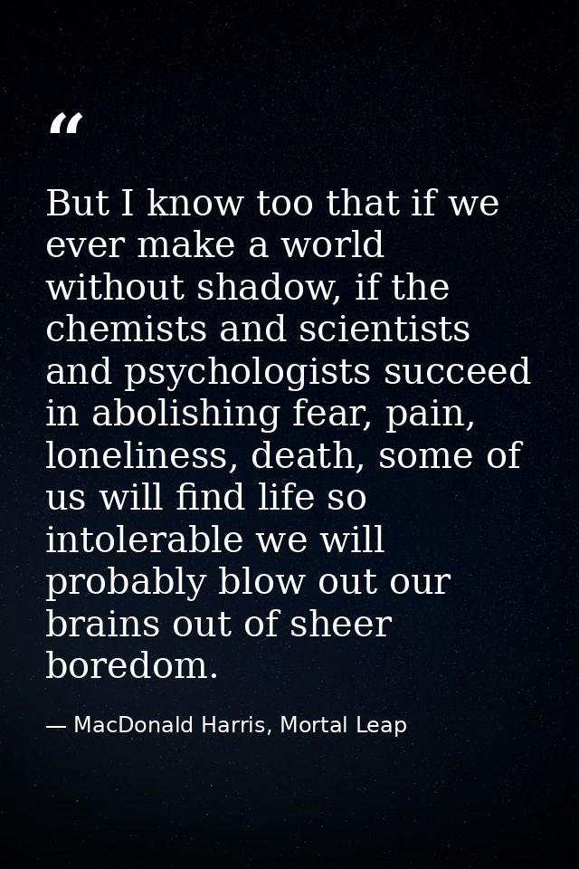 But I know too that if we ever make a world without shadow, if the chemists and scientists and psychologists succeed in  — MacDonald Harris, Mortal Leap