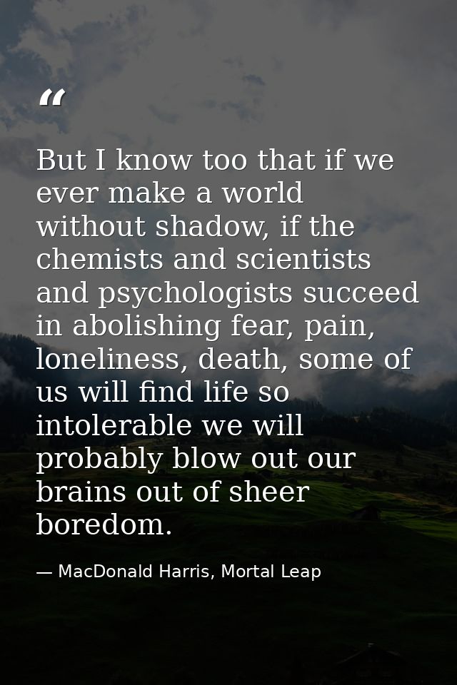 But I know too that if we ever make a world without shadow, if the chemists and scientists and psychologists succeed in  — MacDonald Harris, Mortal Leap