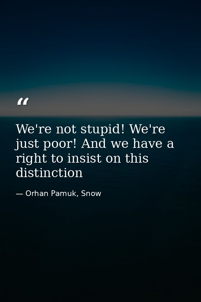 We're not stupid! We're just poor! And we have a right to insist on this distinction — Orhan Pamuk, Snow