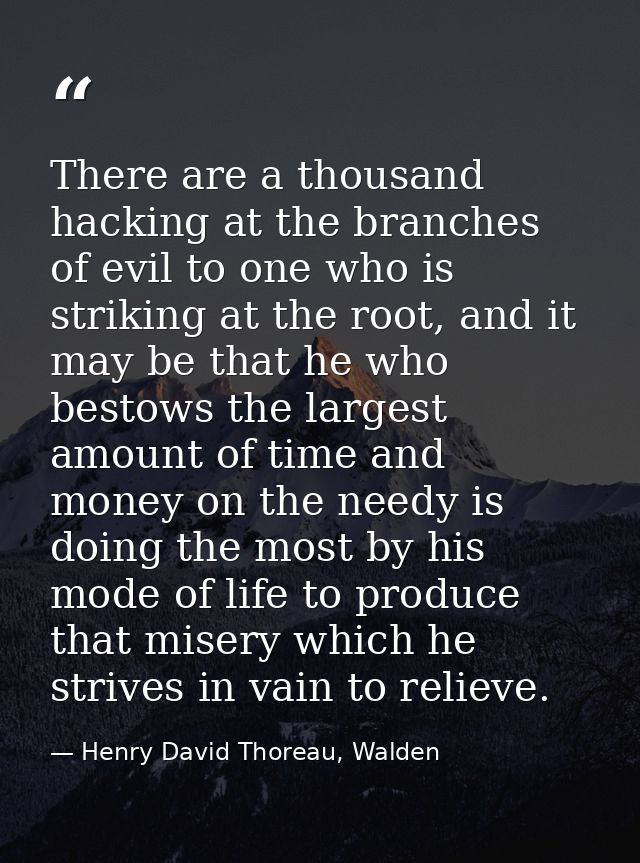 There are a thousand hacking at the branches of evil to one who is striking at the root, and it may be that he who besto — Henry David Thoreau, Walden