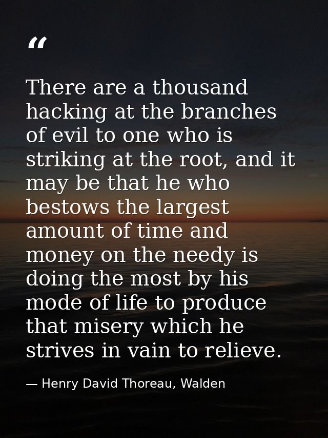 There are a thousand hacking at the branches of evil to one who is striking at the root, and it may be that he who besto — Henry David Thoreau, Walden