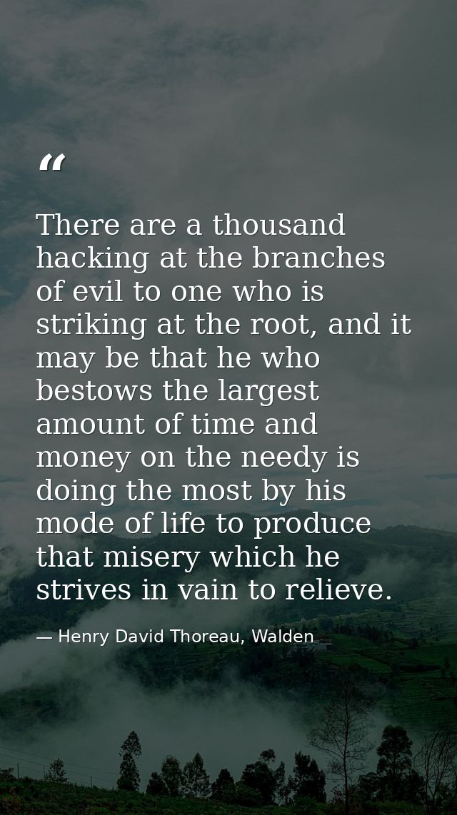 There are a thousand hacking at the branches of evil to one who is striking at the root, and it may be that he who besto — Henry David Thoreau, Walden