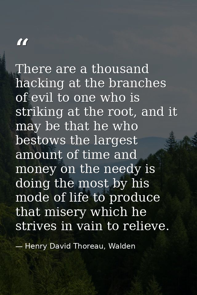 There are a thousand hacking at the branches of evil to one who is striking at the root, and it may be that he who besto — Henry David Thoreau, Walden