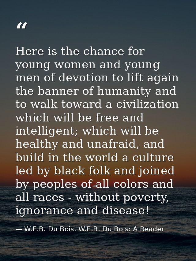 Here is the chance for young women and young men of devotion to lift again the banner of humanity and to walk toward a c — W.E.B. Du Bois, W.E.B. Du Bois: A Reader