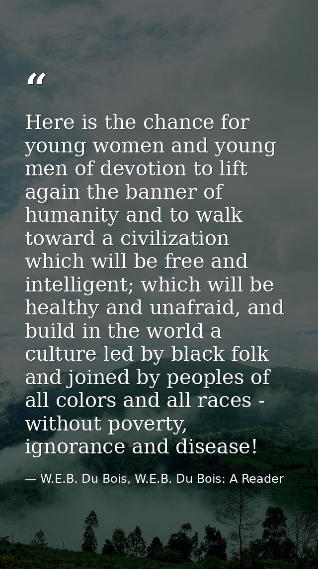 Here is the chance for young women and young men of devotion to lift again the banner of humanity and to walk toward a c — W.E.B. Du Bois, W.E.B. Du Bois: A Reader