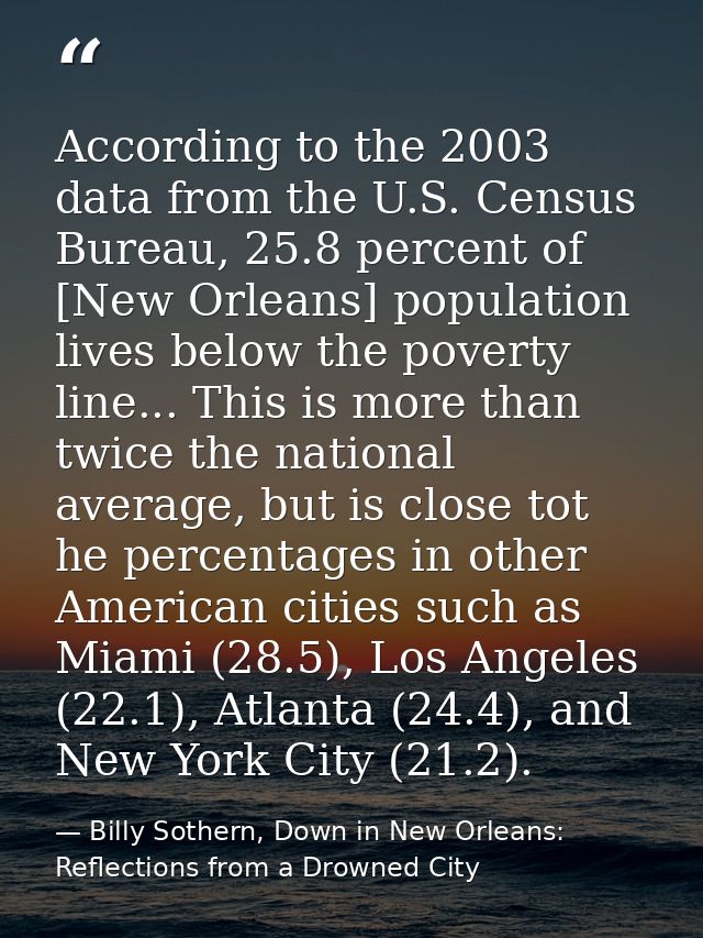 According to the 2003 data from the U.S. Census Bureau, 25.8 percent of [New Orleans] population lives below the poverty — Billy Sothern, Down in New Orleans: Reflections from a Drowned City