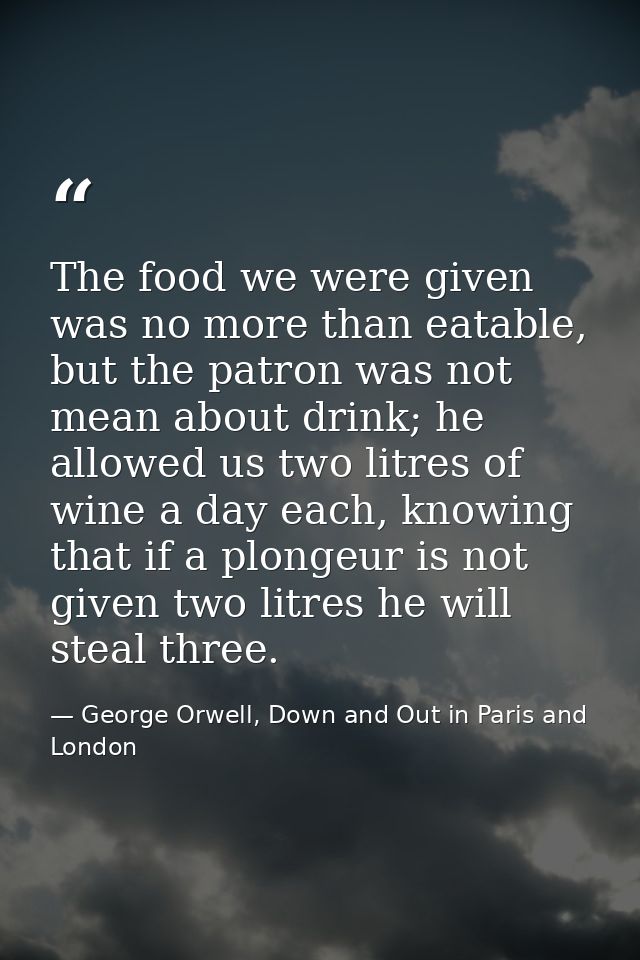 The food we were given was no more than eatable, but the patron was not mean about drink; he allowed us two litres of wi — George Orwell, Down and Out in Paris and London